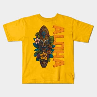 Aloha Hawaii Surfboard floral splash Tiki mask Kids T-Shirt